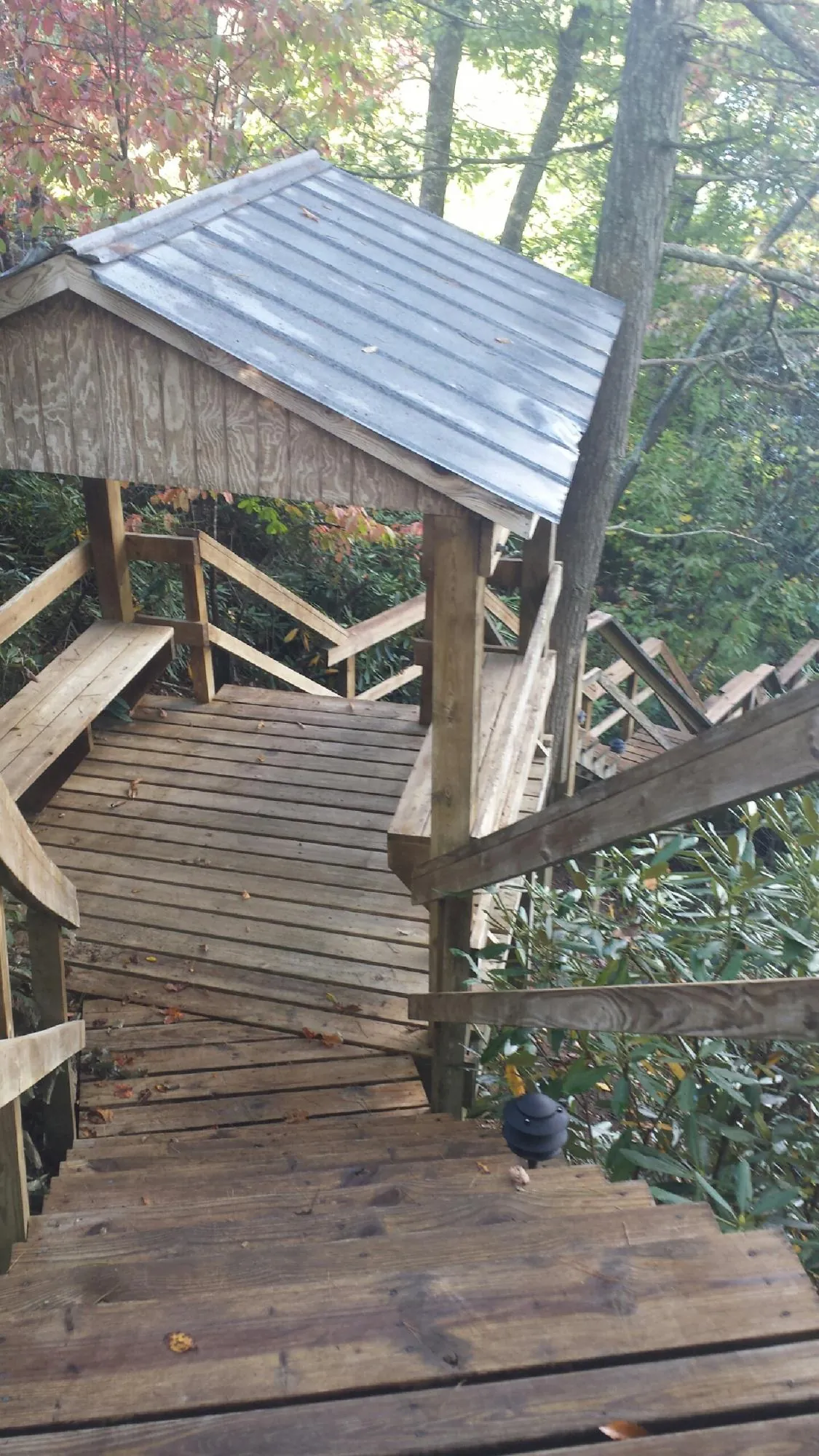 Metal roofed shelter over wooden steps on a wooded walkway — Skylight Repair & Installation work by our crew in Delhi
